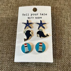 3 Pairs of Enamel Earrings: Starfish, Whales & Lighthouses! NWT